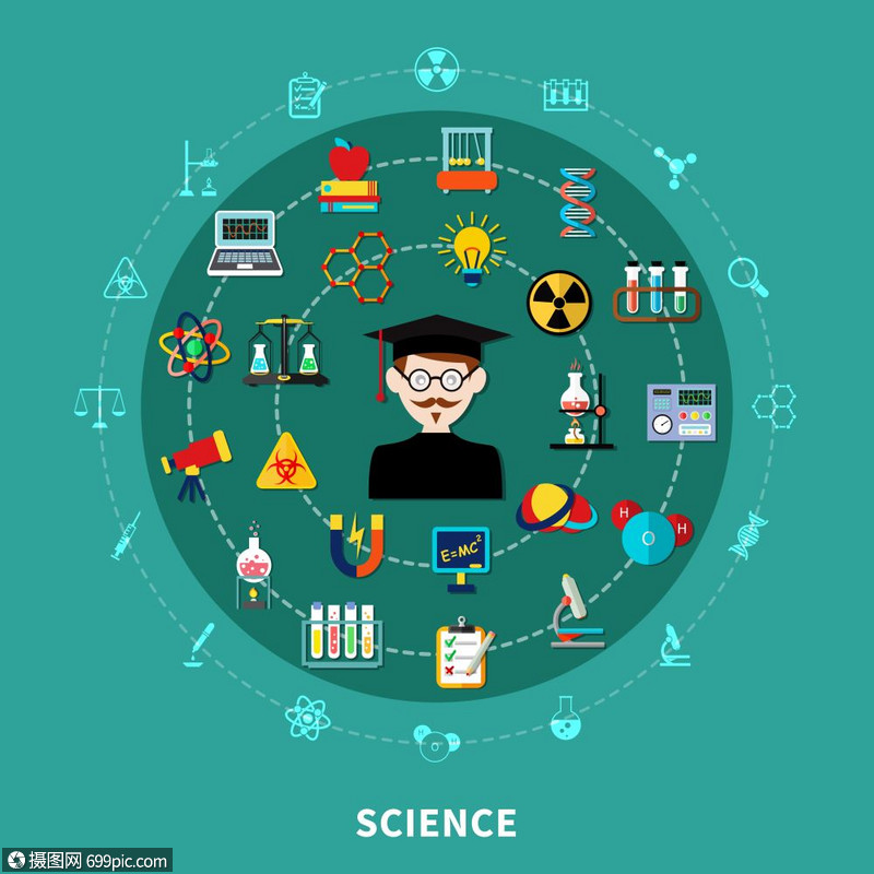 藍色背景下的自然科學研究 圓形科學圖的深度解析